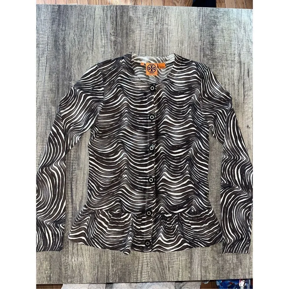 Tory Burch Women's Small Sweater Zebra Print Merino Wool Peplum Cardigan